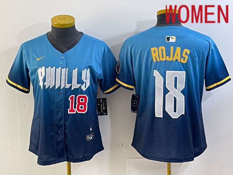 Women Philadelphia Phillies 18 Rojas Blue City Edition Nike 2024 MLB Jersey style 3
